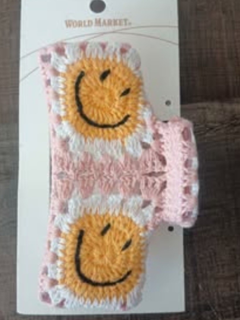 Cost Plus World Market Pink Crochet Hair Clip with Yellow Smiley Faces